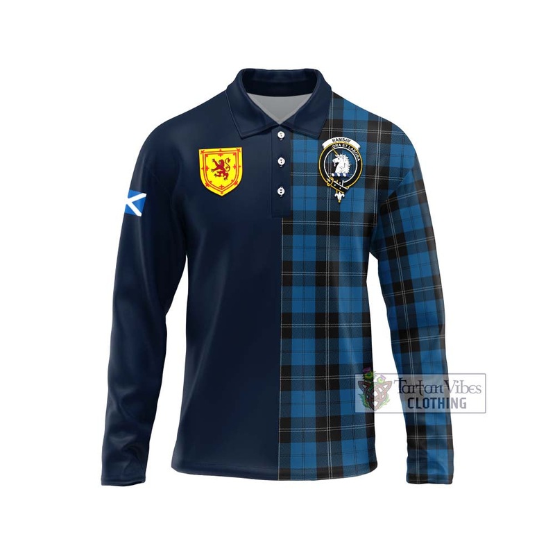 Ramsay Blue Hunting Tartan Long Sleeve Polo Shirt Alba with Scottish Lion Royal Arm Half Style