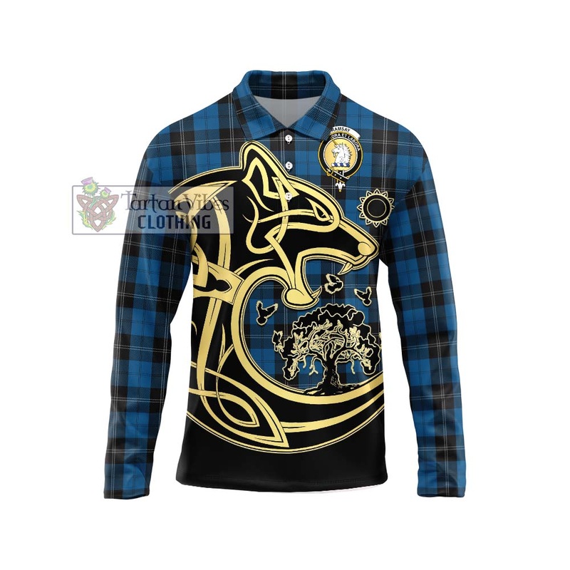 Ramsay Blue Hunting Tartan Long Sleeve Polo Shirt with Family Crest Celtic Wolf Style
