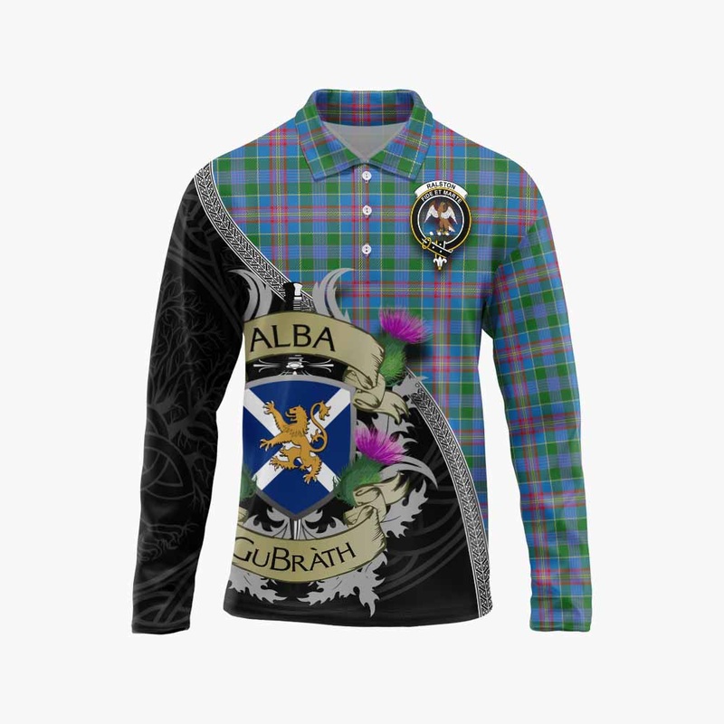 Ralston Tartan Family Crest Long Sleeve Polo Shirt Lion Rampant Royal Thistle Shield Celtic Inspired