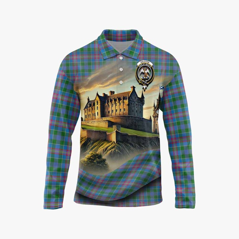 Ralston Tartan Family Crest Long Sleeve Polo Shirt with Scottish Ancient Castle Style