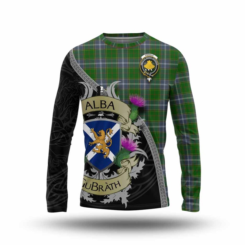 Pringle Tartan Family Crest Long Sleeve T-Shirt Lion Rampant Royal Thistle Shield Celtic Inspired