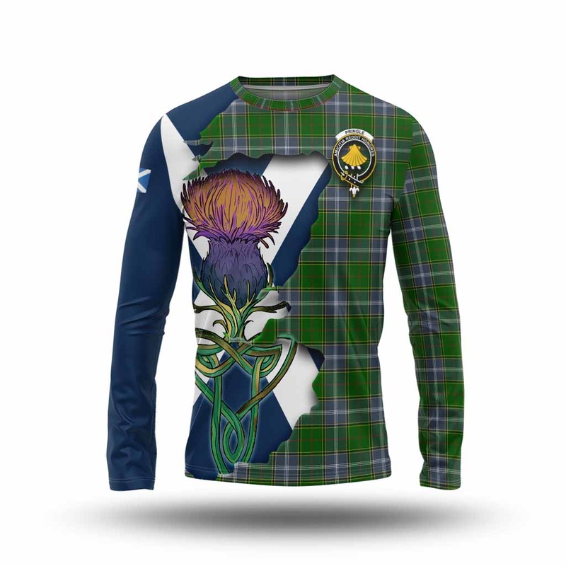 Pringle Tartan Family Crest Long Sleeve T-Shirt Scottish Thistle Celtic Inspired