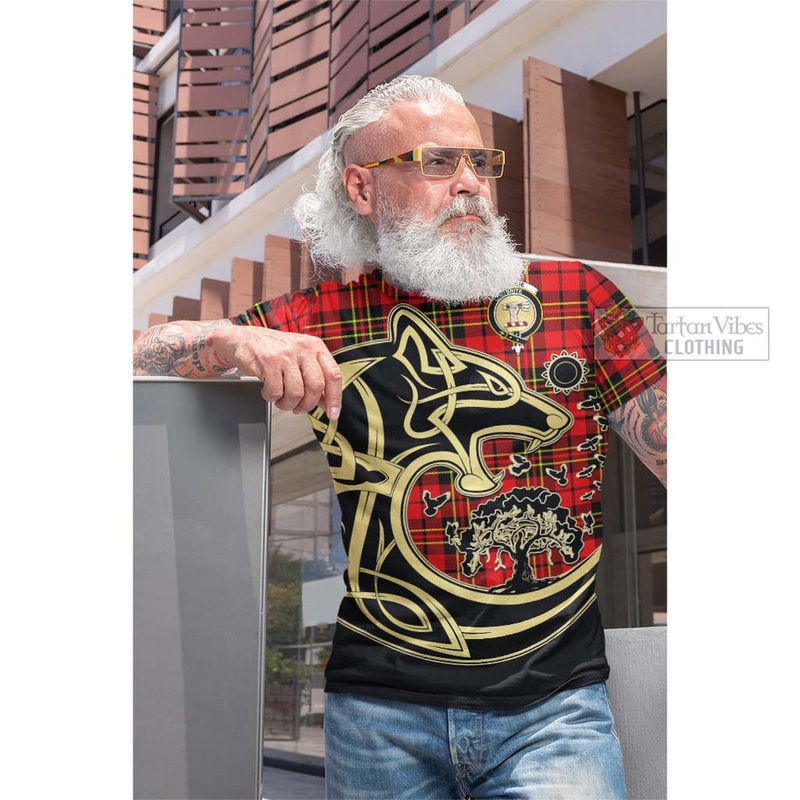 Brodie Modern Tartan Cotton T-shirt with Family Crest Celtic Wolf Style