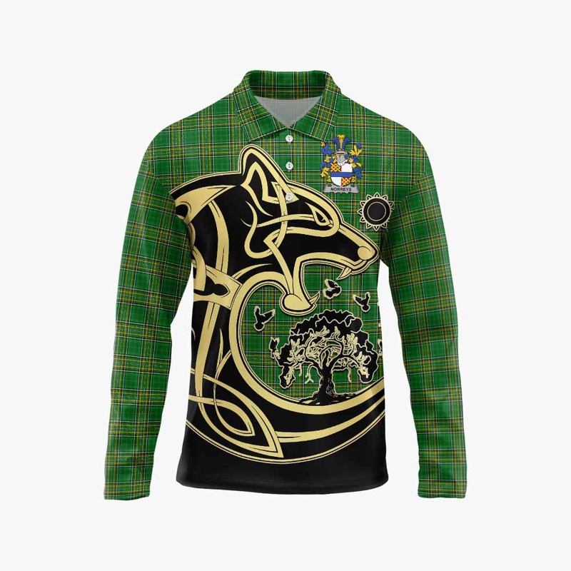 Norreys Irish Tartan Long Sleeve Polo Shirt with Coat of Arms Celtic Wolf Style