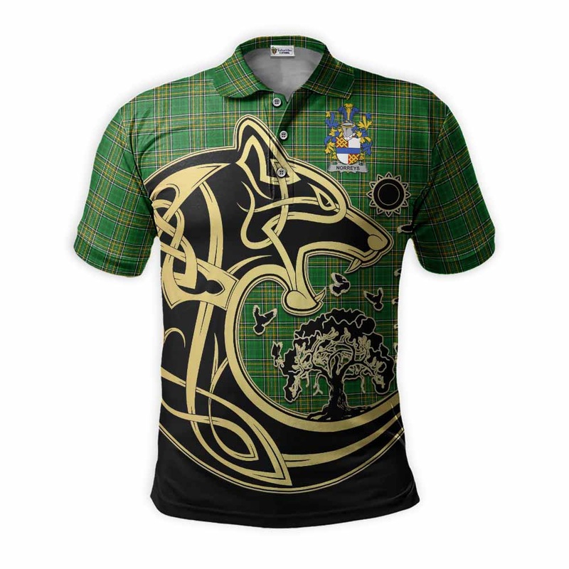 Norreys Irish Tartan Polo Shirt with Coat of Arms Celtic Wolf Style