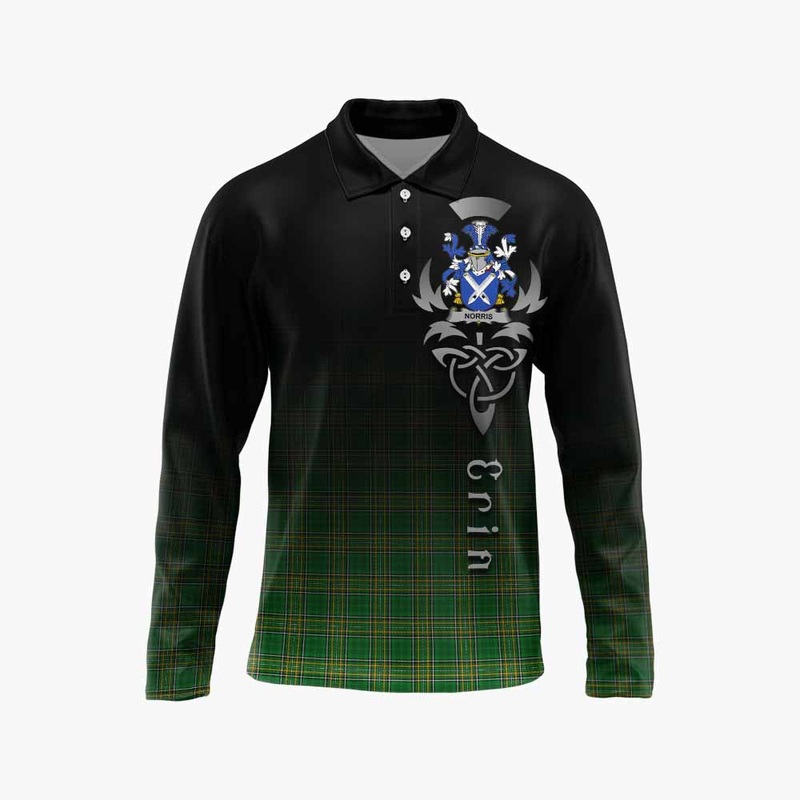 Norris Irish Clan Long Sleeve Polo Shirt with Coat of Arms Erin Go Bragh Celtic Inspired