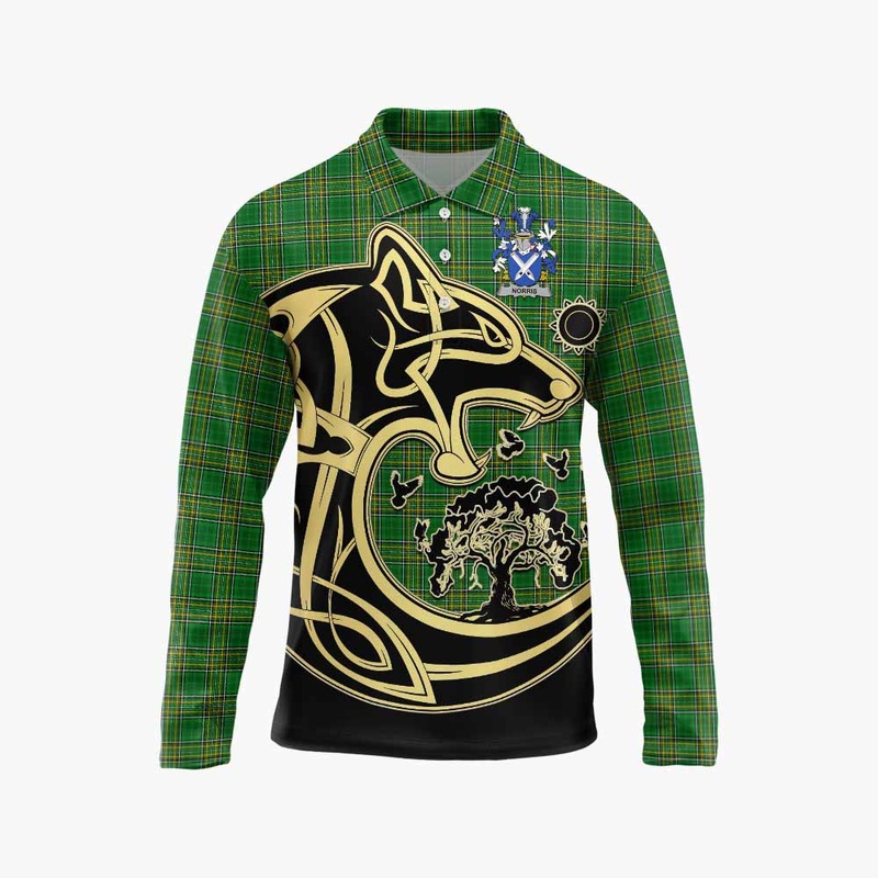 Norris Irish Tartan Long Sleeve Polo Shirt with Coat of Arms Celtic Wolf Style