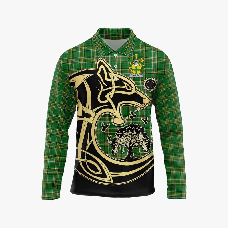 Noone Irish Tartan Long Sleeve Polo Shirt with Coat of Arms Celtic Wolf Style