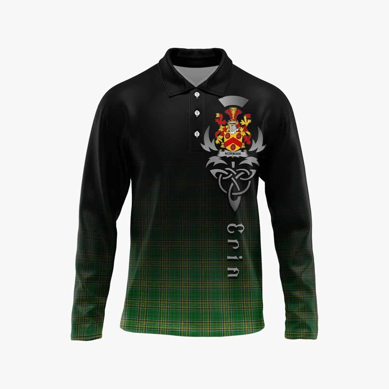 Norman Irish Clan Long Sleeve Polo Shirt with Coat of Arms Erin Go Bragh Celtic Inspired