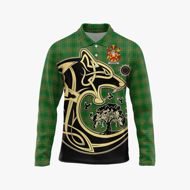 Norman Irish Tartan Long Sleeve Polo Shirt with Coat of Arms Celtic Wolf Style