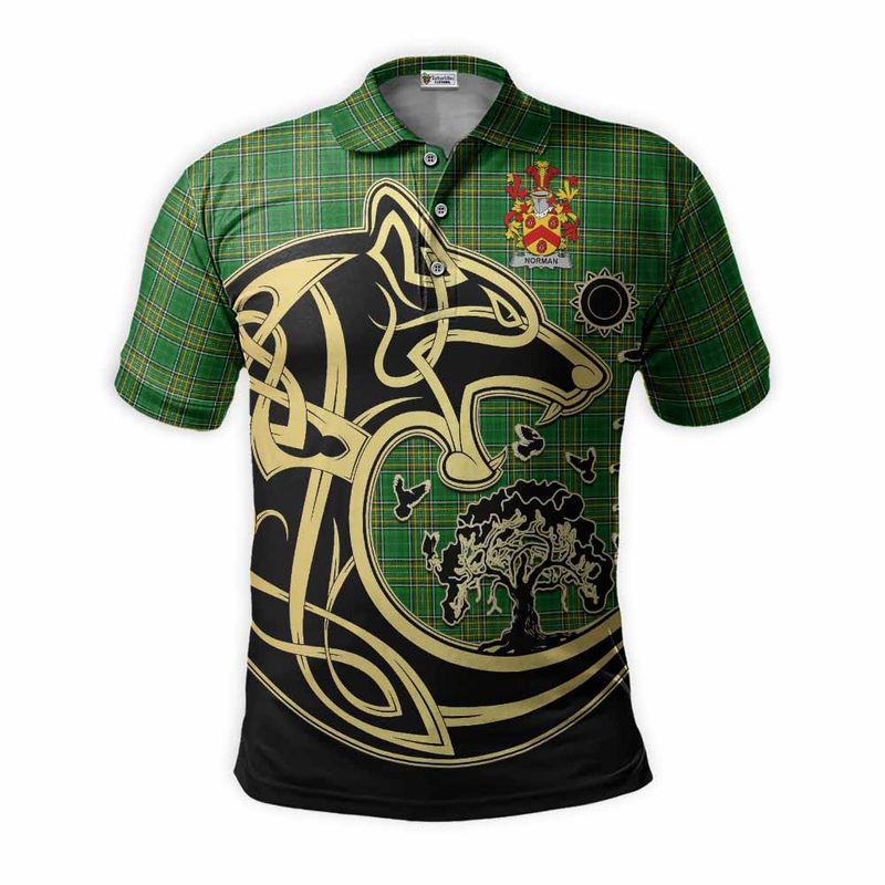 Norman Irish Tartan Polo Shirt with Coat of Arms Celtic Wolf Style